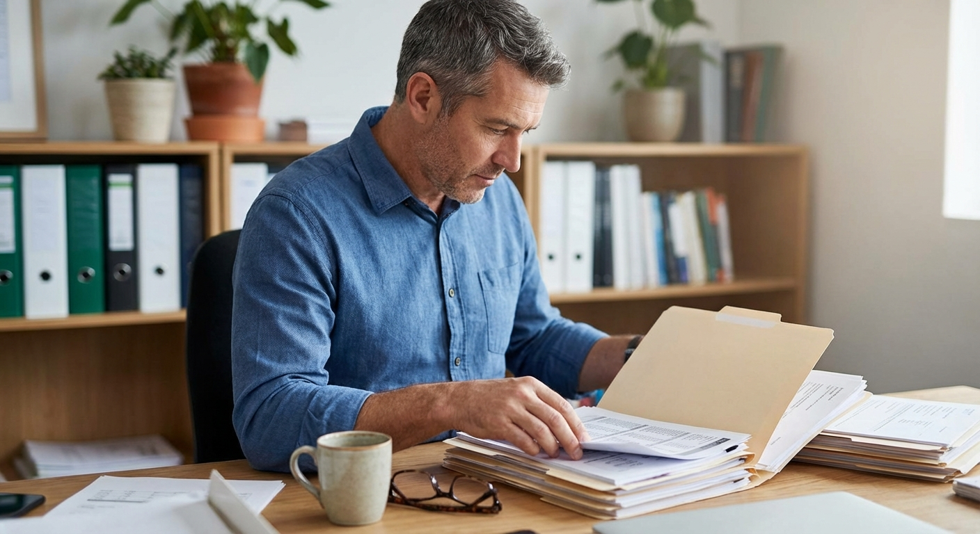 Thérapeute qui révise des documents administratifs à son bureau