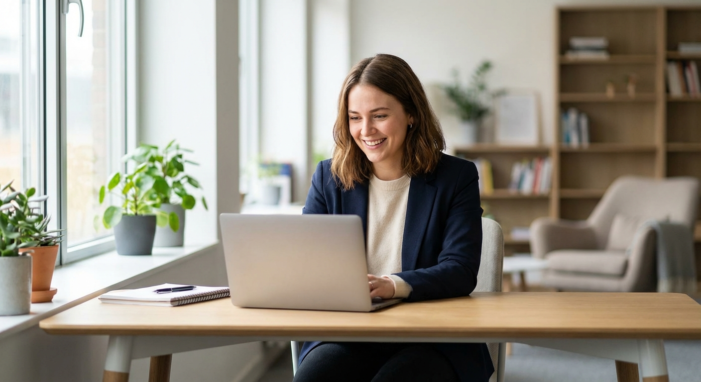 Thérapeute souriante devant son ordinateur dans un bureau lumineux