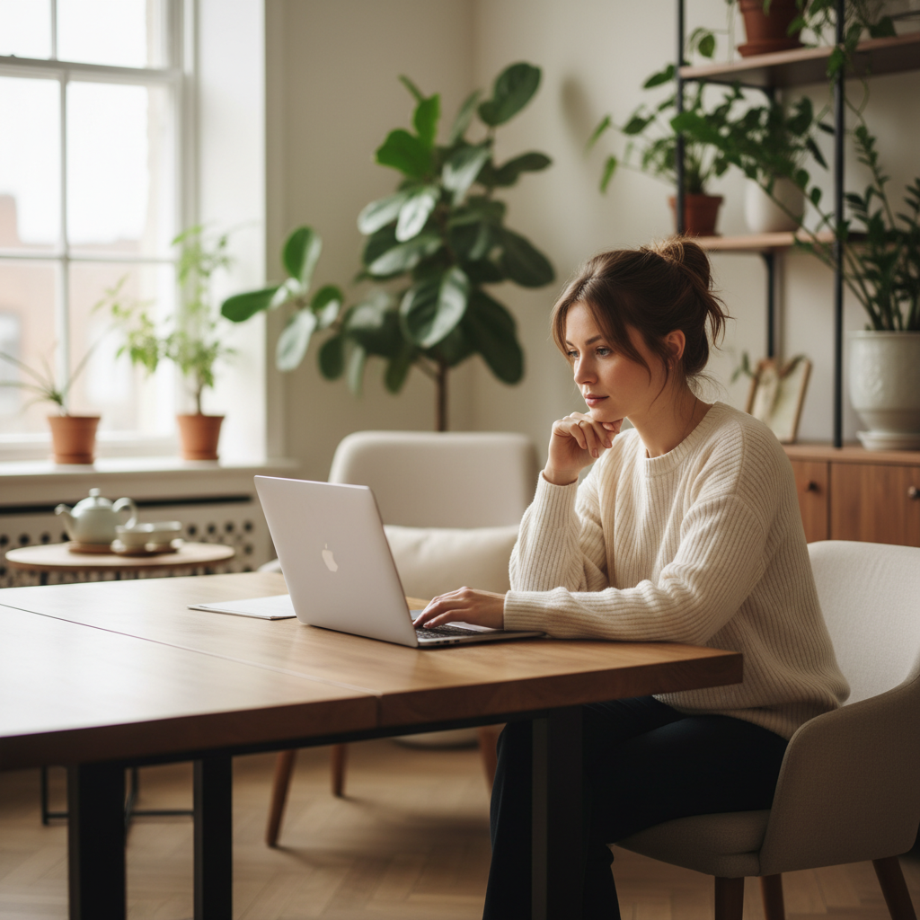 Thérapeute en pratique privée regardant son ordinateur portable dans un bureau moderne et lumineux