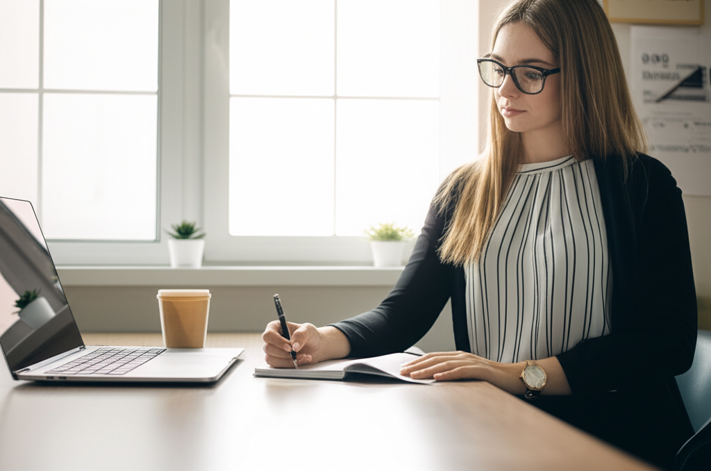 Thérapeute qui rédige des notes de séance dans un bureau moderne et calme