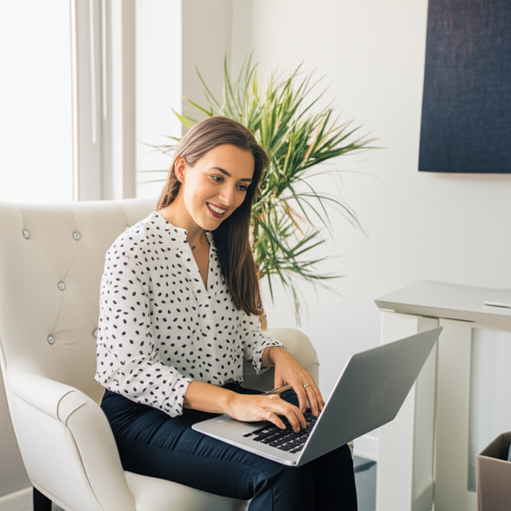 Thérapeute québécois souriant devant son ordinateur dans un bureau de pratique privée moderne