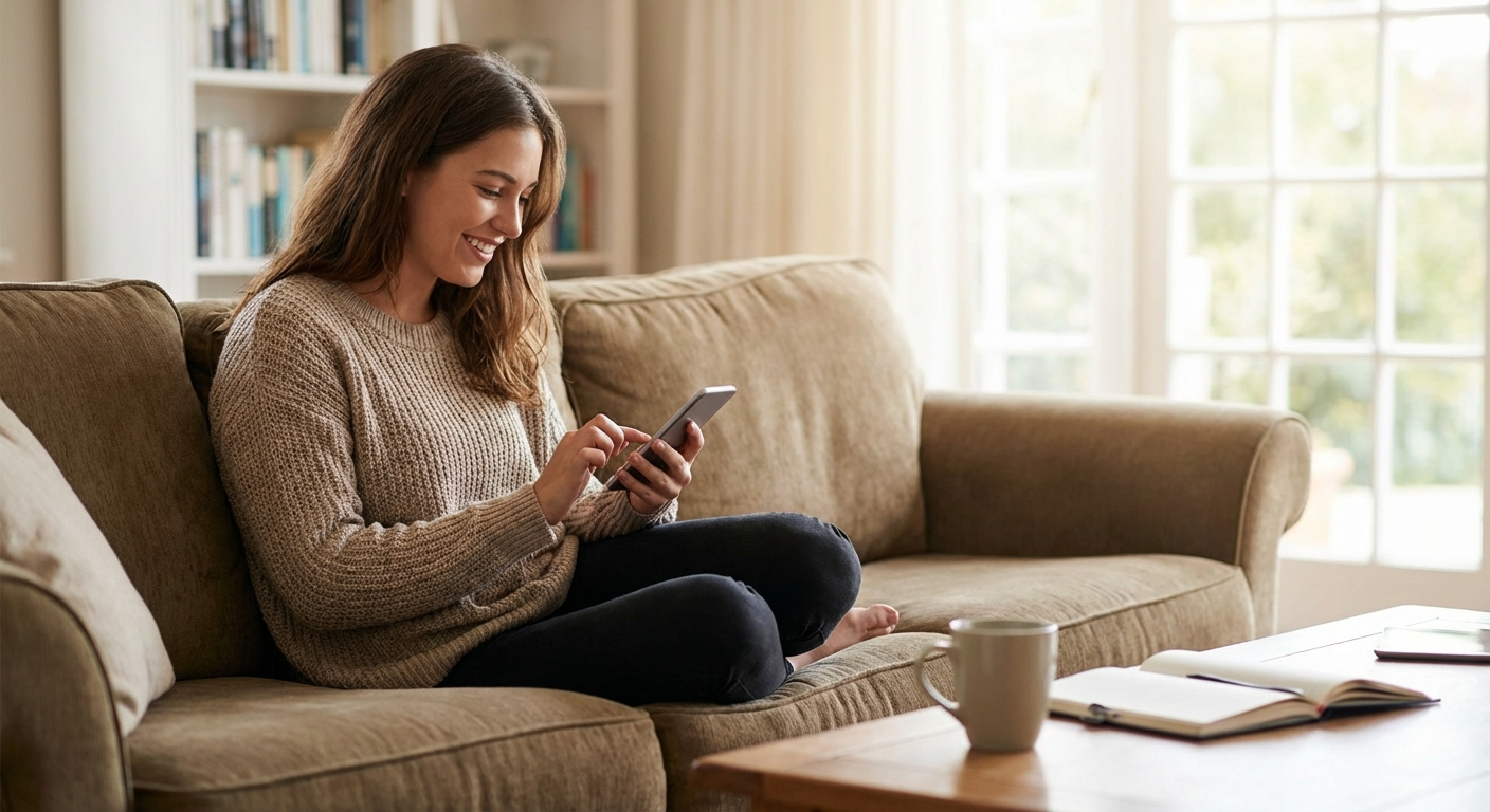 Jeune femme réservant un rendez-vous sur son téléphone depuis son salon