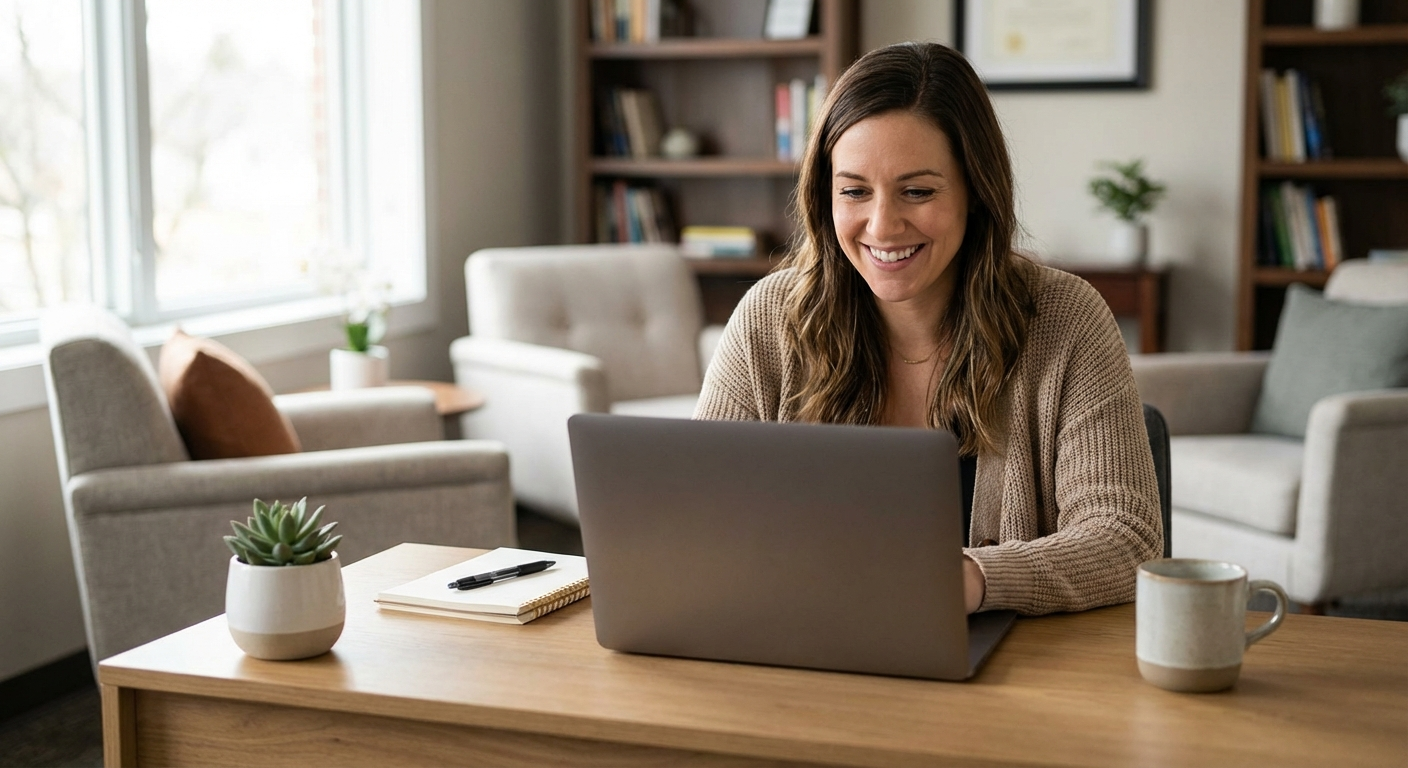 Thérapeute souriante devant son ordinateur dans un bureau moderne et lumineux